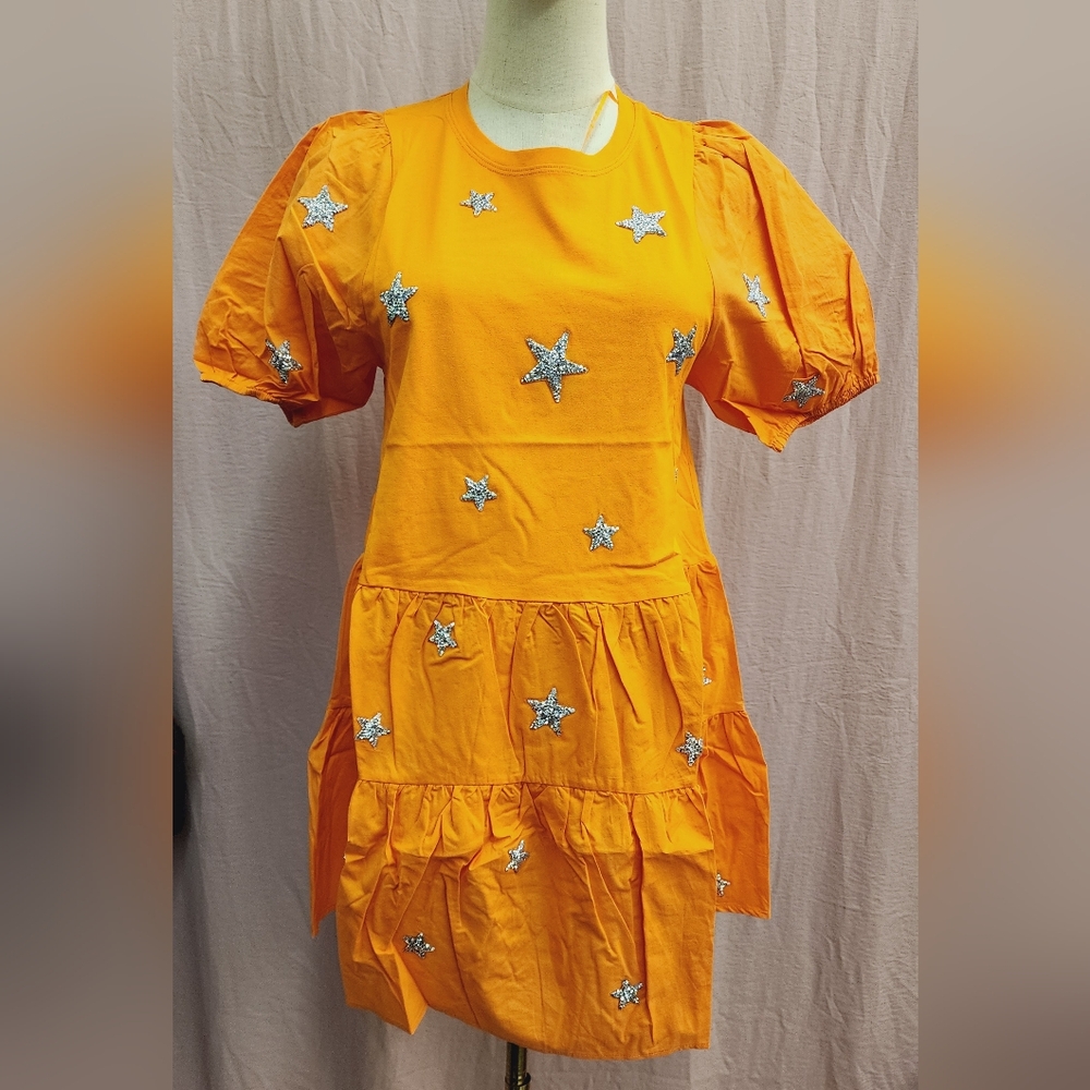 WHY Dress Puff Short Sleeve CREW Neck Silver Star Tiered Dress- Orange
